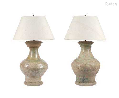 A PAIR OF STONEWARE TABLE LAMPS IN PROVINCIAL CHINESE TASTE