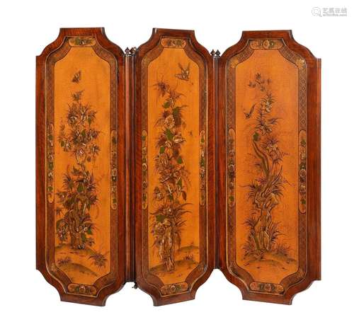 A MAHOGANY AND POLYCHROME LACQUER THREE FOLD SCREEN