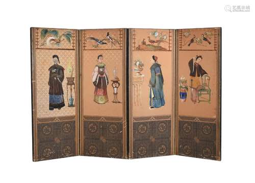 A FOUR FOLD SCREEN APPLIED WITH PAINTED CHINESE WALLPAPER