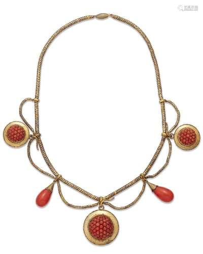 A Victorian gold and coral festoon necklace, designed as a f...