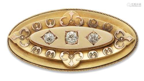 A Victorian 15ct gold, diamond three stone brooch, the navet...