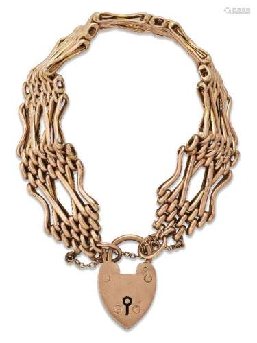 A 9-carat gold gate link bracelet, to a heart-shaped padlock...