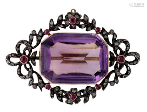 A gold, amethyst, ruby and diamond, brooch, centring on a re...