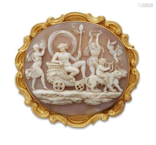 A 19th century gold mounted shell cameo brooch/clasp, the ov...