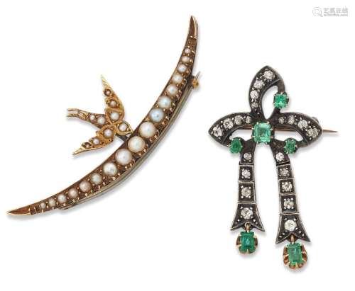 Two gem-set brooches,, one designed as a ribbon bow set with...