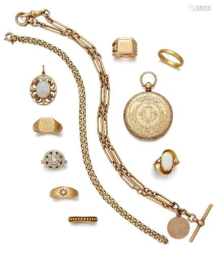A group of jewellery and a fob watch, including: a 19th cent...