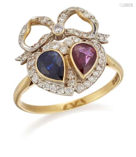 An 18ct gold, diamond, sapphire and ruby twin heart cluster ...