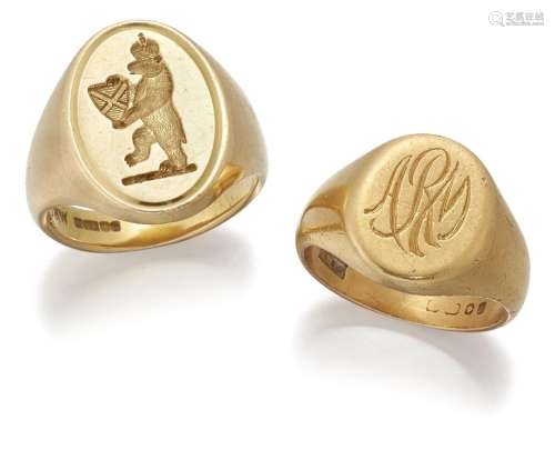 Two gold signet rings, intaglio engraved with a crest and en...