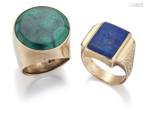 Two gold hardstone signet rings, one with rectangular lapis ...