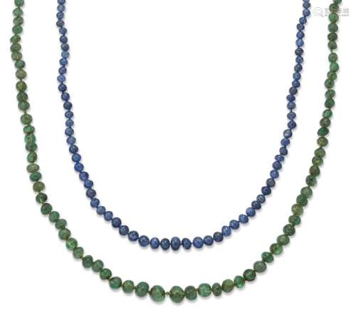 An emerald bead and sapphire bead necklace, the sapphire nec...