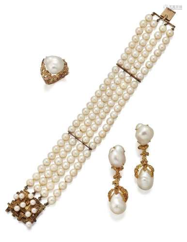 A pair of baroque cultured pearl earrings and ring and cultu...