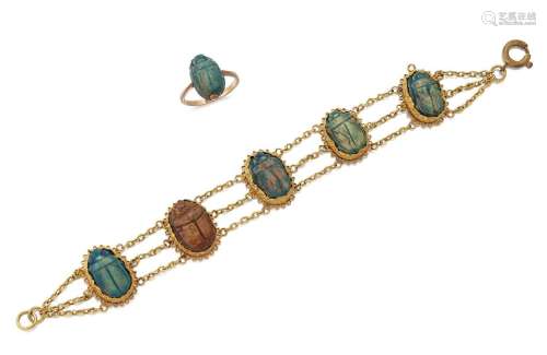 An early 20th century gold mounted scarab bracelet and ring,...