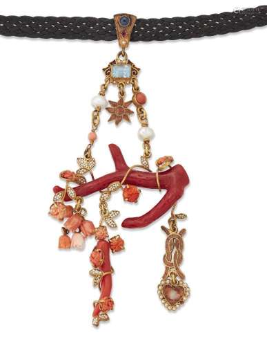 A coral, pearl and blue topaz pendant necklace, by Percossi ...