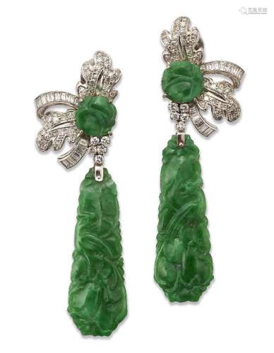 A pair of Jadeite jade and diamond pendant earrings, each de...