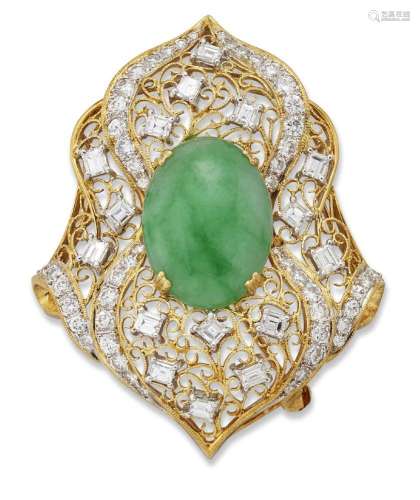 A jadeite jade and diamond brooch, designed as a cartouche s...