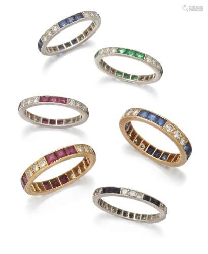 A group of six gem-set and diamond eternity rings, set with ...