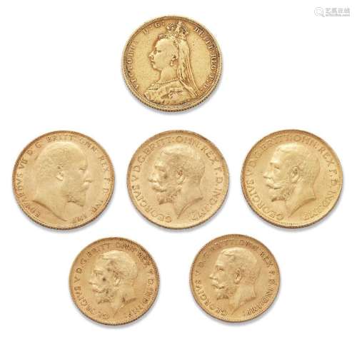 A group of four sovereigns and two half sovereigns, comprisi...