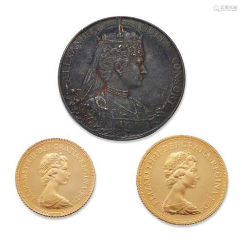 A proof Sovereign and half Sovereign and a commemorative med...