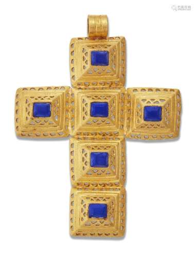 A lapis lazuli pectoral cross pendant, of pierced segmented ...