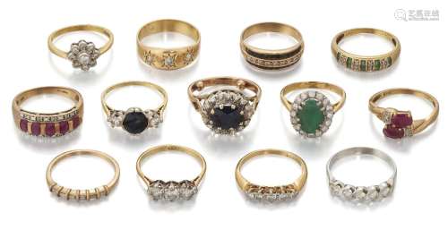 A collection of thirteen gem-set and diamond rings, includin...