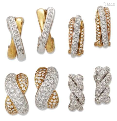Four pairs of earrings, each set with brilliant-cut diamonds...