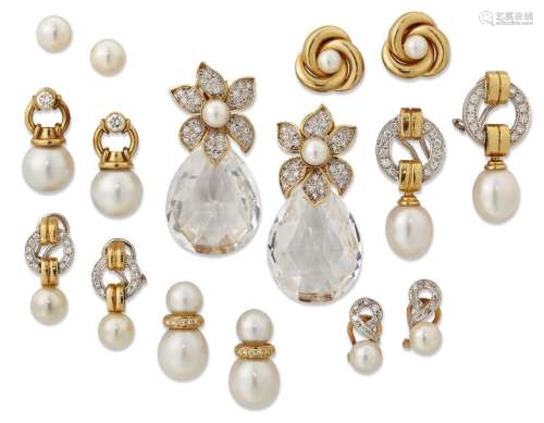 Eight pairs of cultured pearl earrings, including: one pair ...