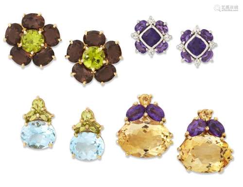 Fours pairs of gem-set earrings, one pair of 18ct gold mount...