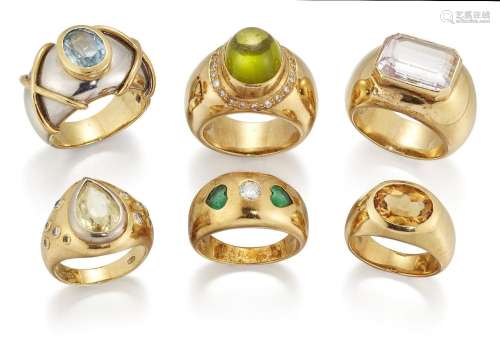 Six various gem-set and bombe rings, gems include emerald, a...