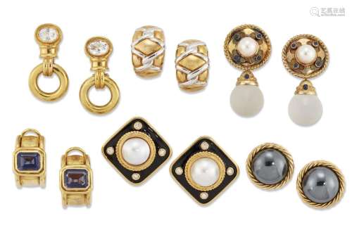 Six pairs of gem-set earrings, set with mabe pearls, culture...