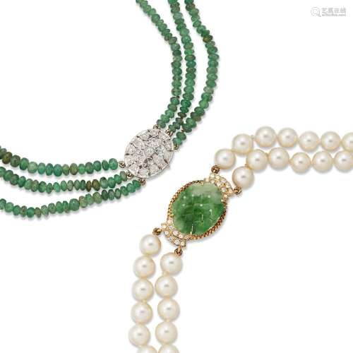 A cultured pearl necklace with diamond and jadeite jade clas...