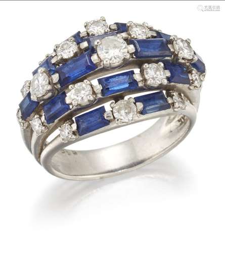 A platinum, sapphire and diamond ring, of multi-row half-hoo...