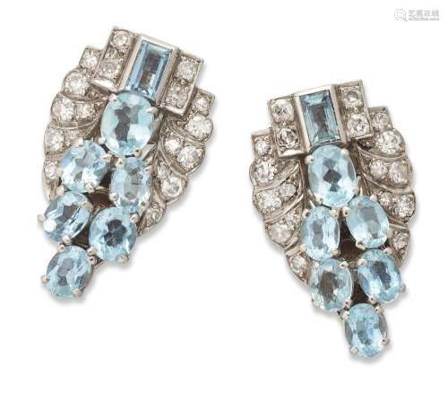 A pair of Art Deco, aquamarine and diamond dress clips, each...