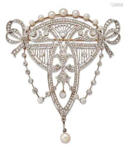 A diamond and cultured pearl brooch, of open work millegrain...