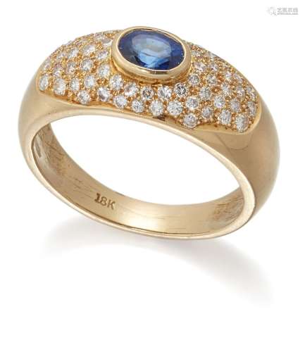 A sapphire and diamond ring, of half-hoop design with pave d...