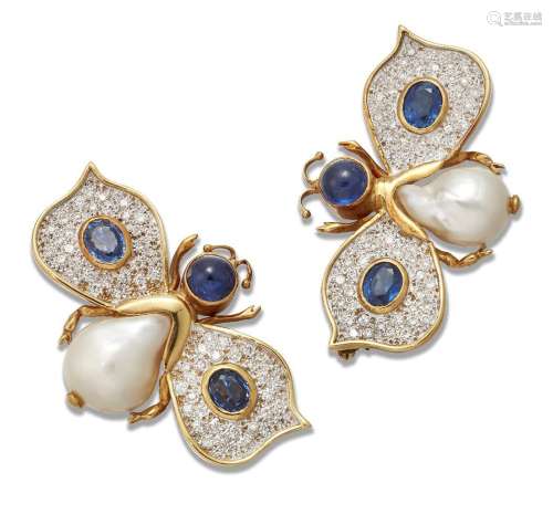 A pair of diamond, sapphire and cultured pearl bee brooches,...