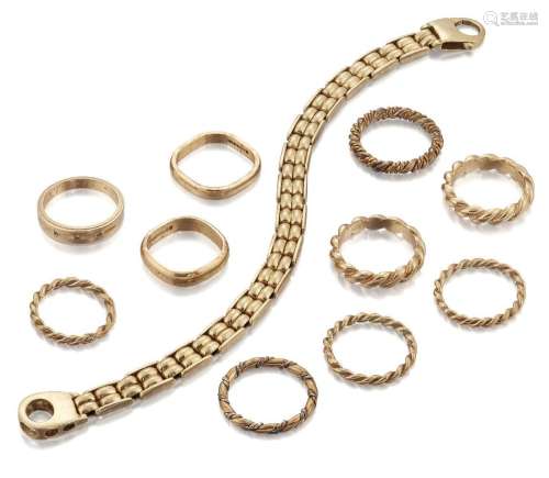 A collection of ten rings and a bracelet, comprising: seven ...