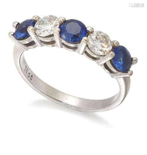 A sapphire and diamond five stone diamond ring, of half-hoop...