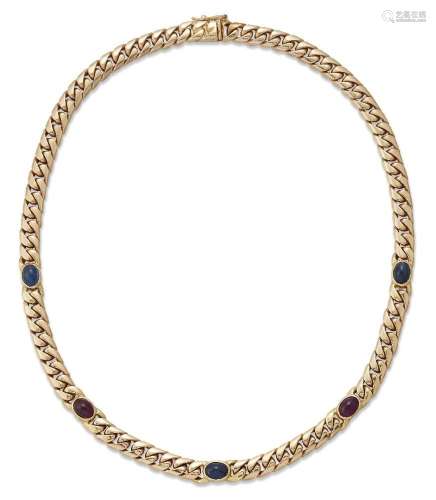 A 14ct gold gem necklace, of curb-link design, set at interv...