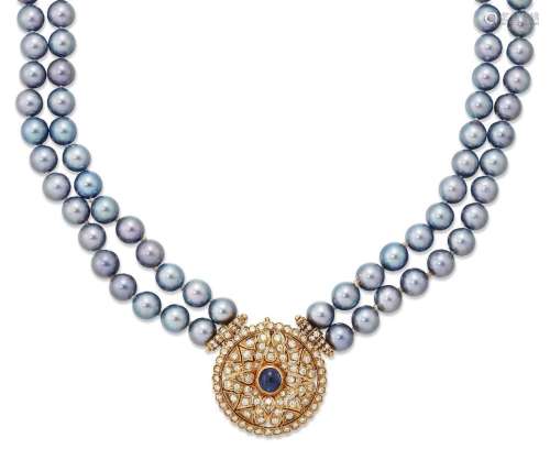 A cultured pearl necklace with sapphire and diamond clasp, t...