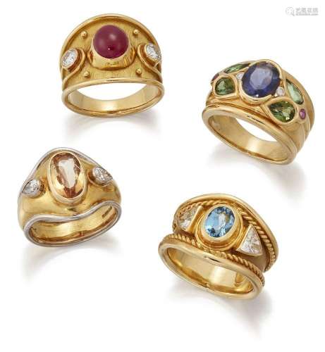 Four gem-set rings, each designed as a wide tapering band va...