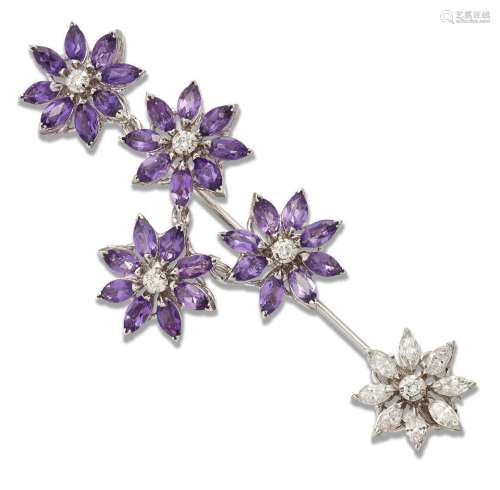 Asprey & Co, an amethyst and diamond flower surete pin, ...