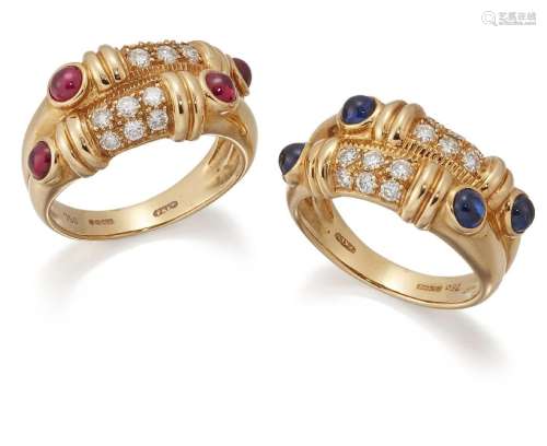 A pair of diamond and gem-set rings, each accented with bril...
