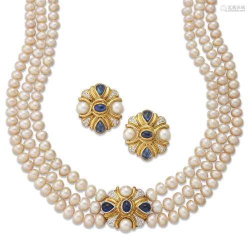 Annabel Jones, a freshwater cultured pearl, sapphire and dia...