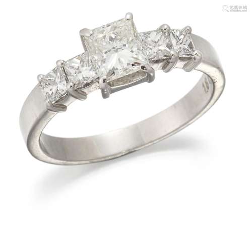 A diamond ring, centring on a princess-cut diamond to simila...