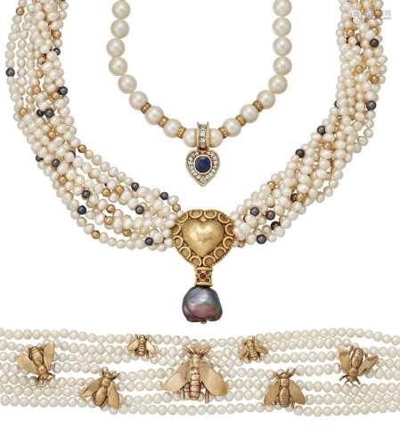 Three various cultured pearl and gem necklaces, comprising: ...