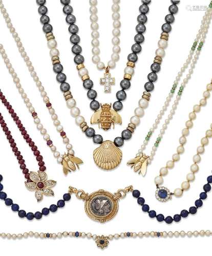A group of nine various cultured pearl and gem necklaces, in...