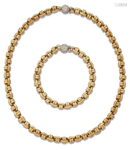 An Italian necklace and bracelet with diamond clasps, the ne...