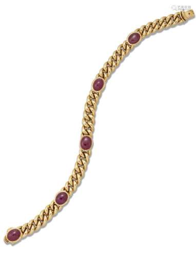 A ruby set flexible bracelet, of curb-link design, the brace...