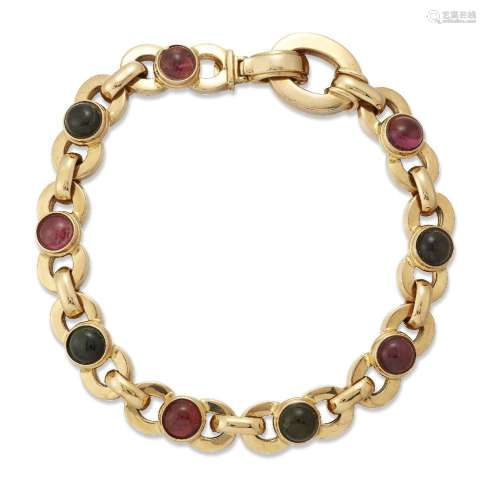 A gold and tourmaline bracelet, set with cabochon pink and g...