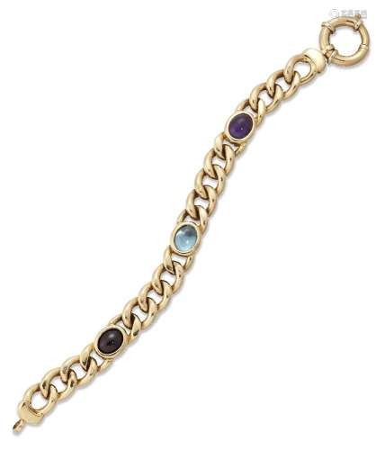 A gold and gem-set bracelet, of curb linking accented with a...